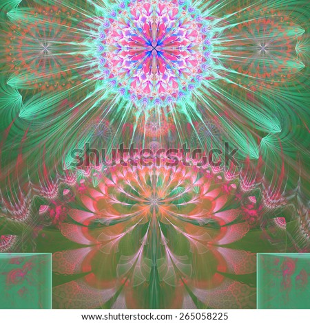Abstract modern vivid shining spring fractal flower and star background flowers/stars on top and a larger flower on the bottom with decorative arches. In high resolution and in green,pink,blue,red