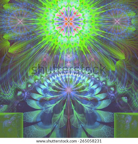 Abstract modern vivid shining spring fractal flower and star background flowers/stars on top and a larger flower on the bottom with decorative arches. In high resolution and in green,blue,pink,cyan