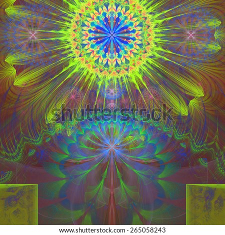 Abstract modern vivid shining spring fractal flower and star background flowers/stars on top and a larger flower on the bottom with decorative arches. In high resolution and in yellow,green,blue,pink