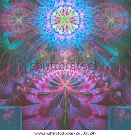 Abstract modern vivid shining spring fractal flower and star background flowers/stars on top and a larger flower on the bottom with decorative arches. In high resolution and in pink,blue,green,cyan