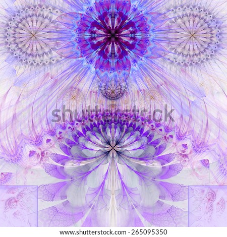 Abstract modern pastel fractal flower and star background flowers/stars on top and a larger flower on the bottom with decorative arches. All in high resolution and in pink,purple,blue