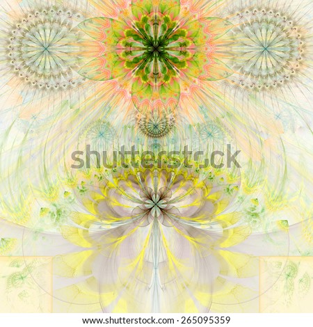 Abstract modern pastel fractal flower and star background flowers/stars on top and a larger flower on the bottom with decorative arches. All in high resolution and in yellow,green,pink