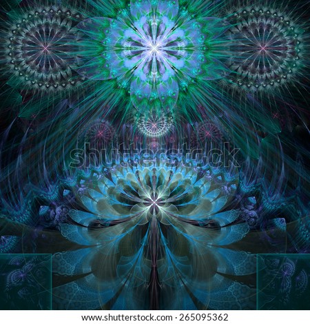 Abstract modern spring fractal flower and star background flowers/stars on top and a larger flower on the bottom with decorative arches. All in high resolution and in cyan,green,pink colors