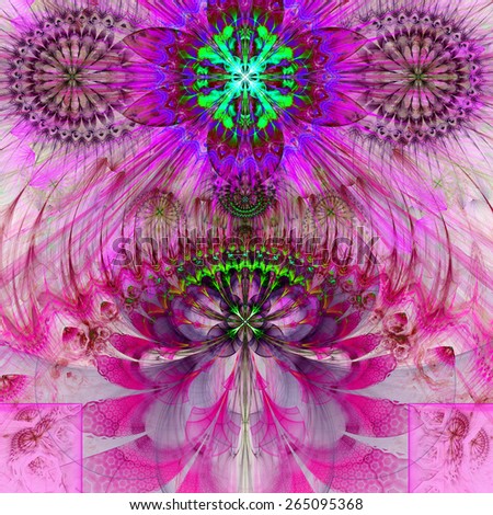 Abstract modern pastel vivid spring fractal flower and star background flowers/stars on top and a larger flower on the bottom with decorative arches. All in high resolution and in pink,green,teal