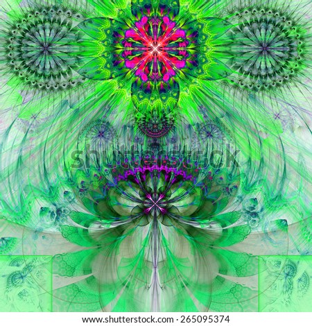 Abstract modern vivid spring fractal flower and star background flowers/stars on top and a larger flower on the bottom with decorative arches. All in high resolution and in green,yellow,red,pink