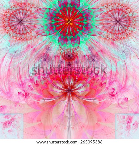 Abstract modern pastel vivid spring fractal flower and star background flowers/stars on top and a larger flower on the bottom with decorative arches. All in high resolution and in red,pink,green,teal