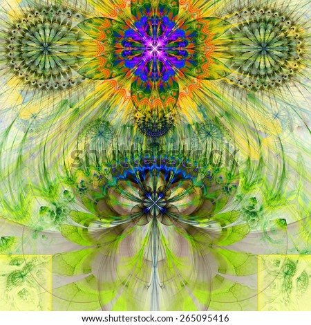 Abstract modern pastel vivid spring fractal flower and star background flowers/stars on top and larger flower on the bottom with decorative arches.In high resolution and yellow,green,orange,pink,blue