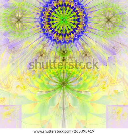 Abstract modern pastel vivid spring fractal flower and star background flowers/stars on top and a larger flower on the bottom with decorative arches. All in high resolution and in yellow,green,purple