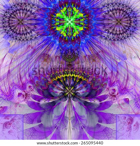 Abstract modern pastel vivid spring fractal flower and star background flowers/stars on top and a larger flower on bottom with decorative arches. All in high resolution and in purple,blue,yellow,green