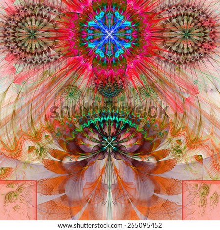 Abstract modern pastel vivid spring fractal flower and star background flowers/stars on top and a larger flower on bottom with decorative arches.in high resolution and in orange,green,blue,pink,cyan