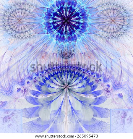 Abstract modern pastel fractal flower and star background flowers/stars on top and a larger flower on the bottom with decorative arches. All in high resolution and in purple,blue,cyan