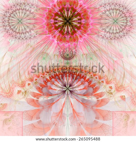 Abstract modern pastel fractal flower and star background flowers/stars on top and a larger flower on the bottom with decorative arches. All in high resolution and in red,pink,green