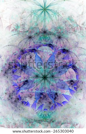 Gorgeous floral background with a large detailed flower in the center and stars shining above it, all in high resolution and shining purple,pink,green colors