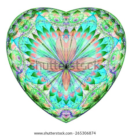 Beautiful painting of a heart with a gorgeous flower pattern in light pastel cyan,green,pink,purple colors