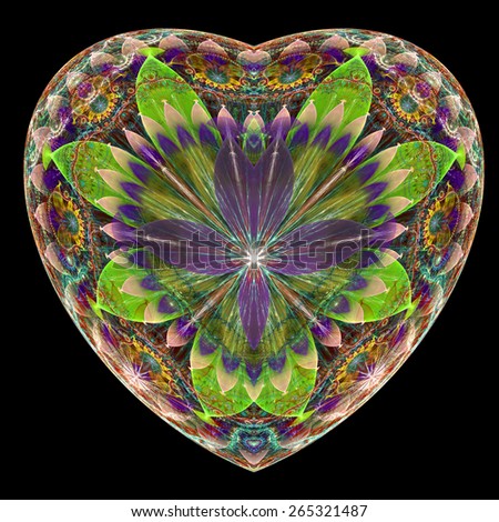 Beautiful painting of a heart with a gorgeous flower pattern in shining green,yellow,purple,pink colors