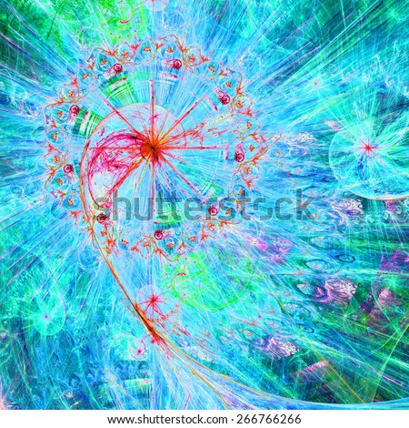 Abstract crazy dynamic spiral background with rings and stars, with the major spiral surrounded by a decorative ring in the upper left corner. All in high resolution and bright cyan,green,pink,red