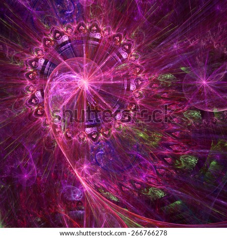 Abstract crazy dynamic spiral background with rings and stars, with major spiral surrounded by a decorative ring in the upper left corner. All in high resolution and in shining pink,purple,green
