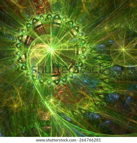 Abstract crazy dynamic spiral background with rings and stars, with major spiral surrounded by a decorative ring in the upper left corner. All in high resolution and in shining yellow,green,red,blue