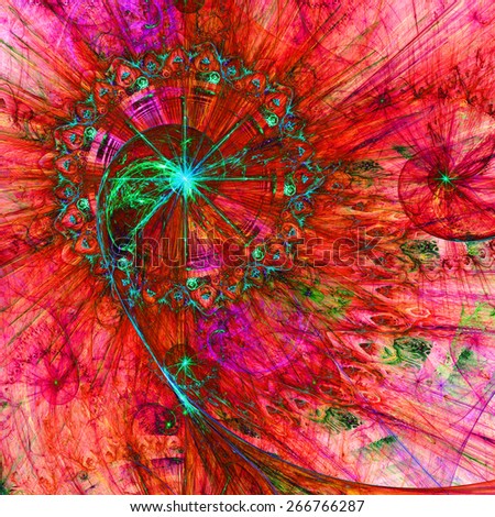 Abstract crazy dynamic spiral background with rings and stars, with the major spiral surrounded by a decorative ring in upper left corner. All in high resolution and in dark vivid red,pink,green,cyan