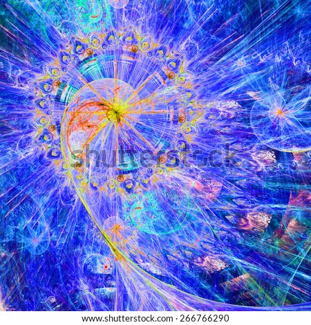 Abstract crazy dynamic spiral background with rings and stars, with the major spiral surrounded by a decorative ring in the upper left corner. All in high resolution and bright blue,purple,yellow,red