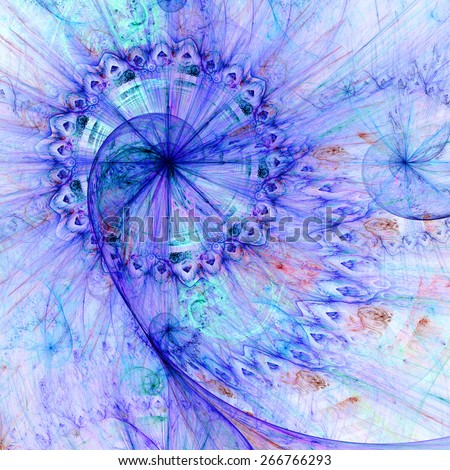 Abstract crazy dynamic spiral background with rings and stars, with major spiral surrounded by a decorative ring in the upper left corner. All in high resolution and in pastel light purple,cyan,red