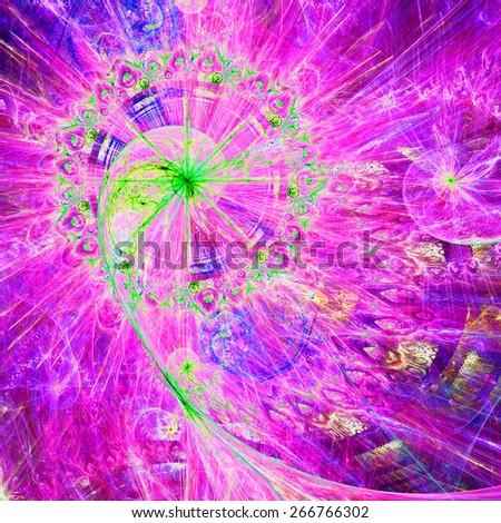 Abstract crazy dynamic spiral background with rings and stars, with major spiral surrounded by a decorative ring in the upper left corner. All in high resolution and bright pink,yellow,green,purple