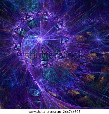 Abstract crazy dynamic spiral background with rings and stars, with major spiral surrounded by a decorative ring in the upper left corner. All in high resolution and in shining blue,pink,purple,yellow