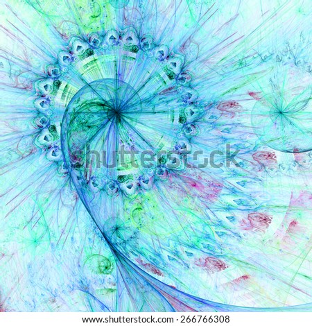 Abstract crazy dynamic spiral background with rings and stars, with major spiral surrounded by a decorative ring in the upper left corner. All in high resolution and in pastel light blue,green,pink