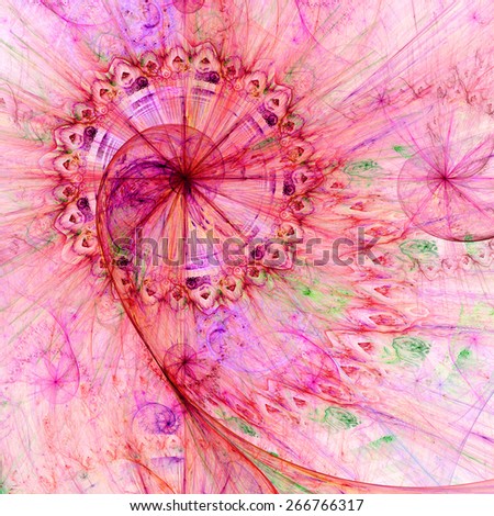 Abstract crazy dynamic spiral background with rings and stars, with major spiral surrounded by a decorative ring in the upper left corner. All in high resolution and in pastel light pink,red,green