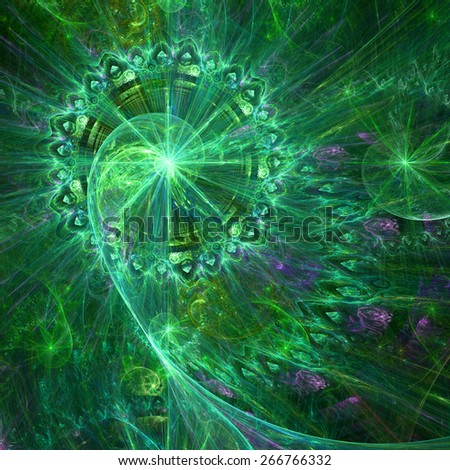 Abstract crazy dynamic spiral background with rings and stars, with major spiral surrounded by a decorative ring in the upper left corner. All in high resolution and in shining green and pink