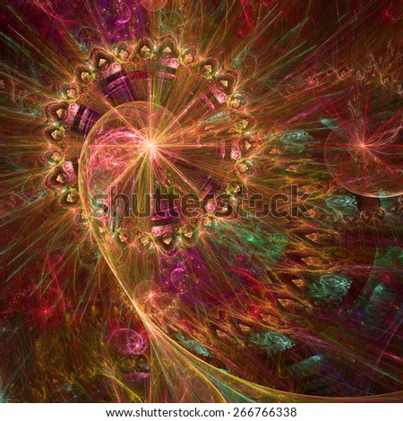 Abstract crazy dynamic spiral background with rings and stars, with major spiral surrounded by a decorative ring in the upper left corner. All in high resolution and in shining pink,yellow,green,red