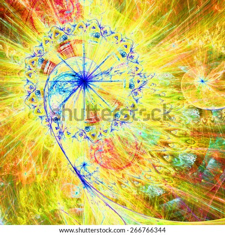 Abstract crazy dynamic spiral background with rings and stars, with the major spiral surrounded by a decorative ring in the upper left corner. All in high resolution and bright yellow,blue,red,green