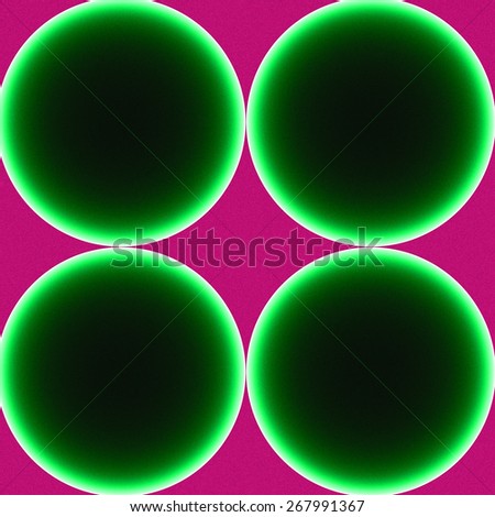 Simple abstract fractal background made out of four connected rings fit in a square with dark color, all in high resolution and in bright glowing green,pink colors