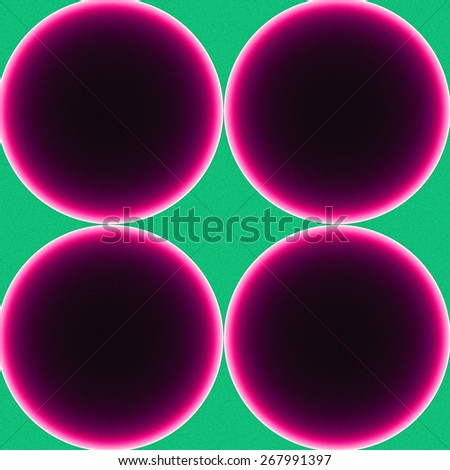 Simple abstract fractal background made out of four connected rings fit in a square with dark color, all in high resolution and in bright glowing pink and green colors