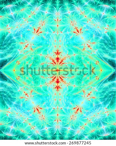 Abstract high resolution fractal background with a detailed diamond shaped pattern in dark glowing cyan,green,orange