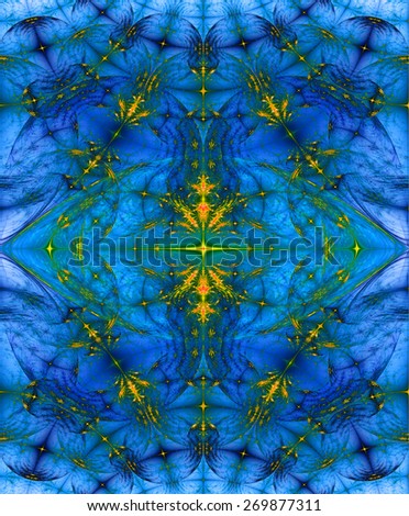 Abstract high resolution fractal background with a detailed diamond shaped pattern in dark vivid glowing blue,yellow,green