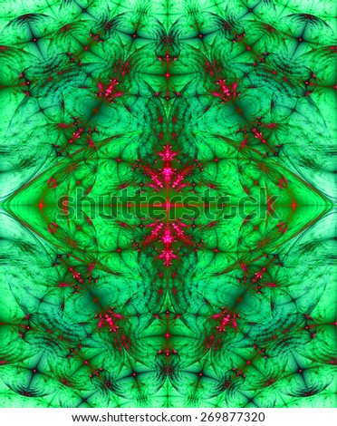 Abstract high resolution fractal background with a detailed diamond shaped pattern in dark vivid glowing green,pink,red