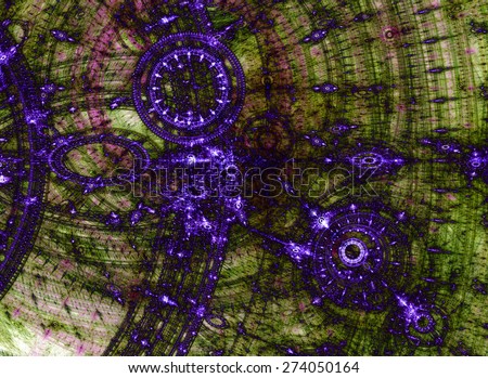 Abstract circular fractal background in dark vivid green,red,pink colors with a detailed industrial mechanical-like pattern on it