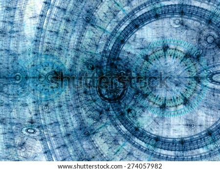 Abstract circular fractal background in pastel blue with a detailed industrial mechanical-like pattern on it