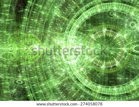 Abstract circular fractal background in shining green with a detailed industrial mechanical-like pattern on it