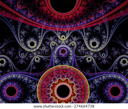 Abstract circular bright red,pink,purple,yellow pattern on a black background