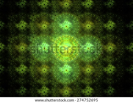 Detailed abstract circular pattern in rows and columns in green and yellow colors on black background
