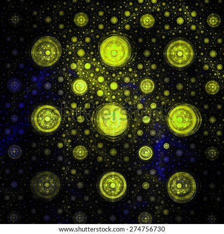 Abstract yellow and purple background with a circular round pattern made out of small and large decorated circles with circles within them