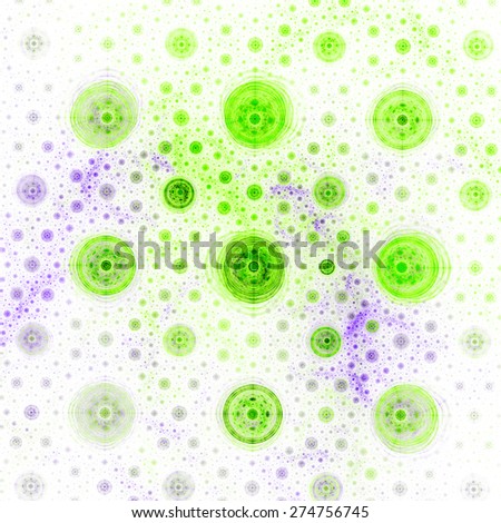 Abstract light pastel green and pink background with a circular round pattern made out of small and large decorated circles with circles within them