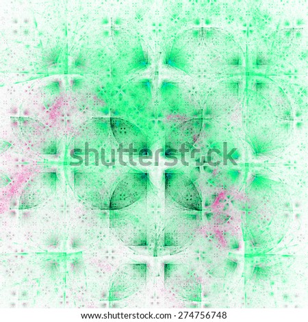 Abstract pastel green and pink background filled with symmetric geometric pattern and leafy decorative pattern