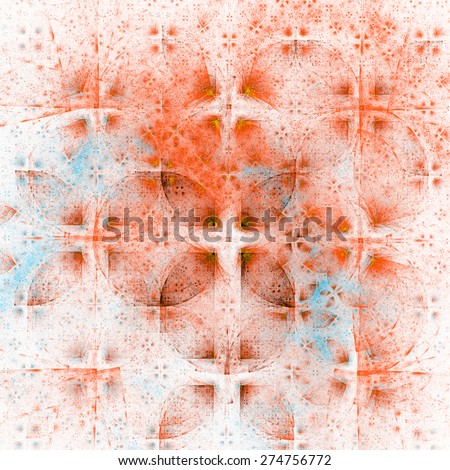 Abstract pastel orange and blue background filled with symmetric geometric pattern and leafy decorative pattern