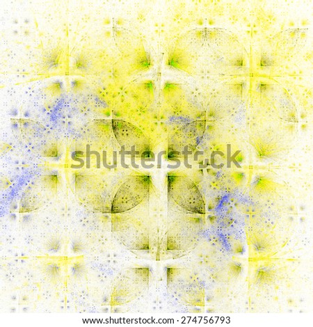 Abstract pastel yellow and blue background filled with symmetric geometric pattern and leafy decorative pattern