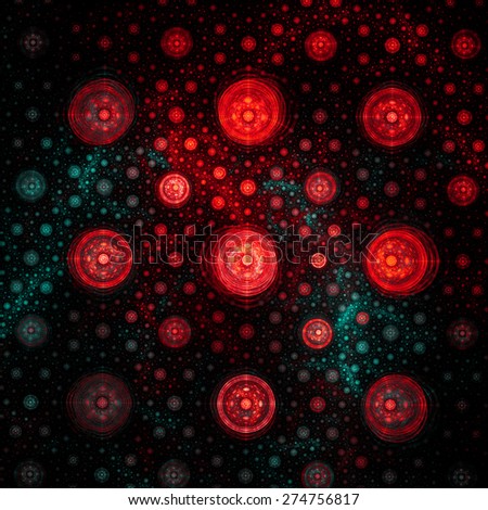 Abstract red and cyan background with a circular round pattern made out of small and large decorated circles with circles within them