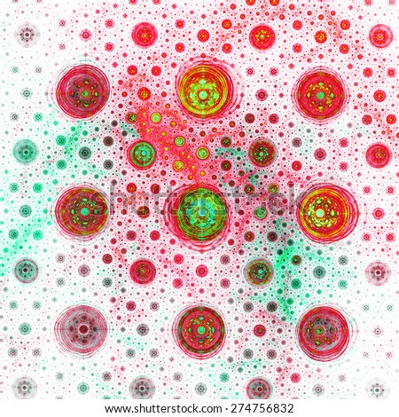 Abstract vivid glowing red,yellow,green,teal background with a circular round pattern made out of small and large decorated circles with circles within them