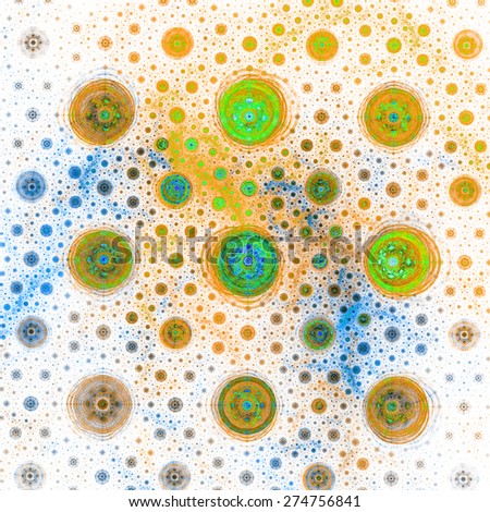Abstract vivid glowing yellow,orange,green,blue background with a circular round pattern made out of small and large decorated circles with circles within them